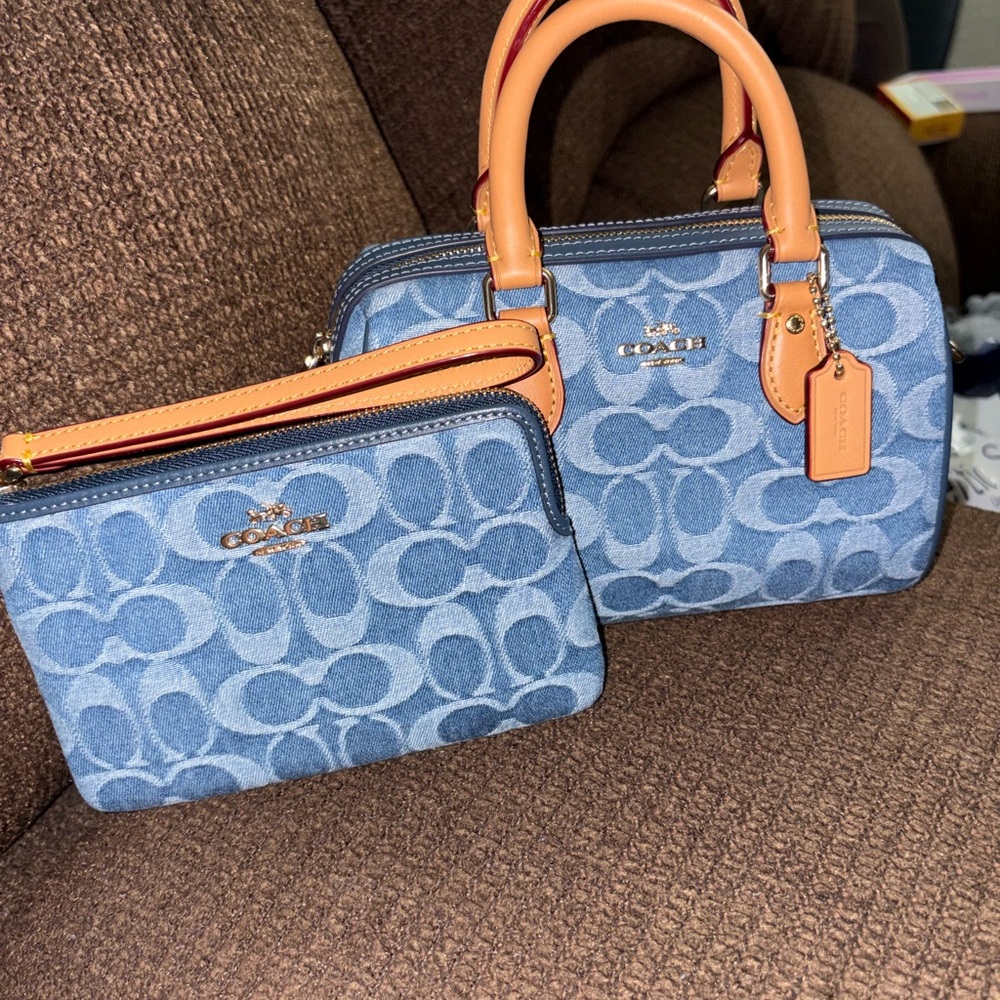 Coach mini denim Rowan with denim wristlet